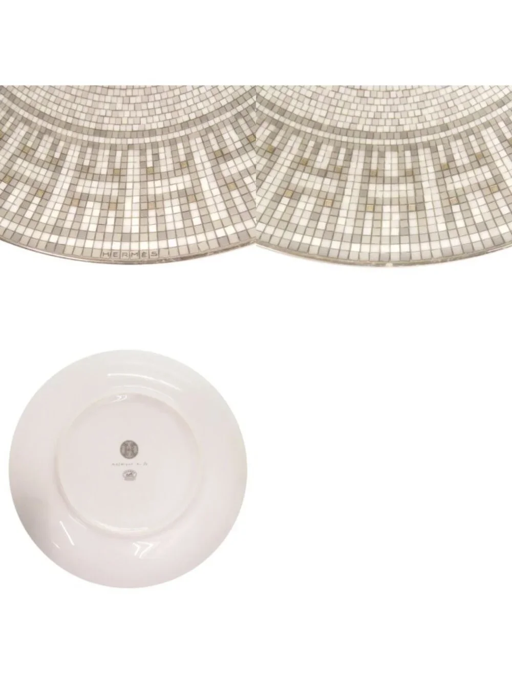 Hermes Mosaic 24 Platinum Ceramic Gray Leather Dessert Plate